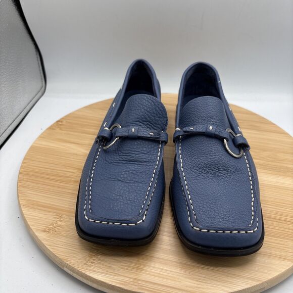 Franco Sarto Women’s Blue Leather Loafers Size 7 Square Toe O-Ring Bit Slip On - Picture 3 of 11